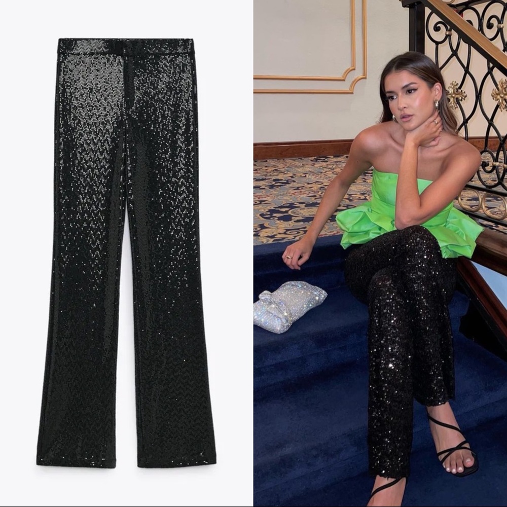 Zara Trendy Shimmery Full-Length Flared Pants